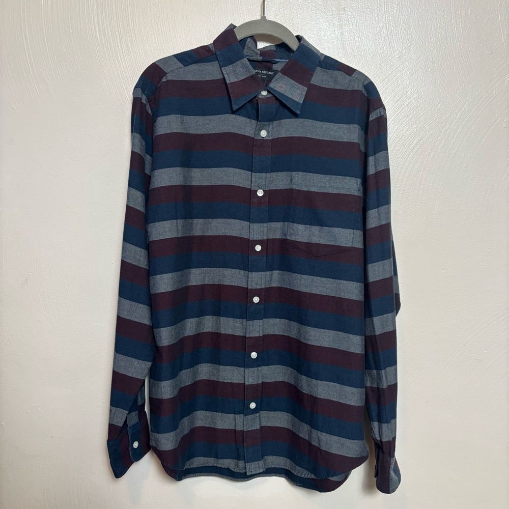 Banana Republic Mens Shirt Horizontal Striped Long Sleeved Blue Red Size Large